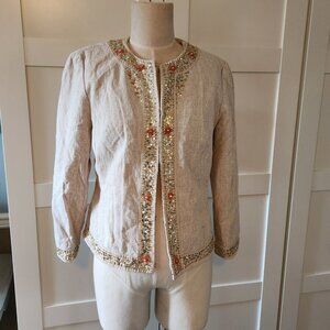 Margaret Frances Cream Gold Linen Cotton Beaded Blazer Size Small
